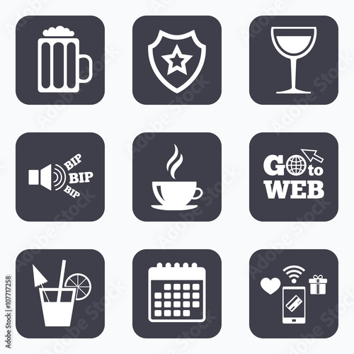 Drinks signs. Coffee cup, glass of beer icons.