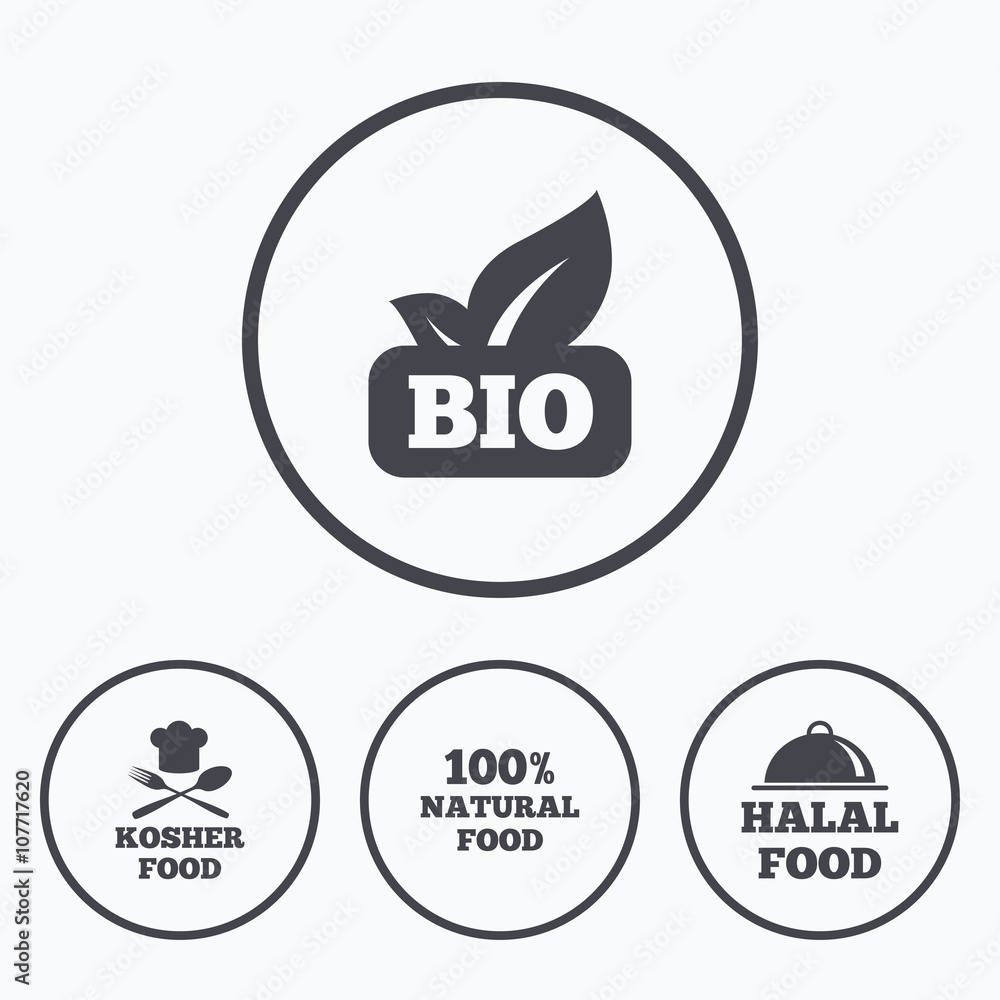 Natural Bio food icons. Halal and Kosher signs. Natural Bio food icons. Halal and Kosher signs.