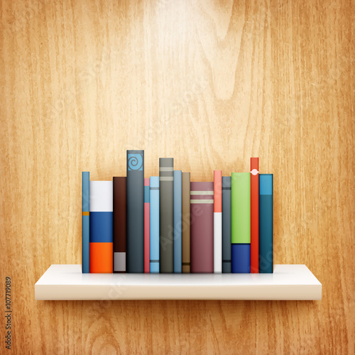 books on wooden shelf