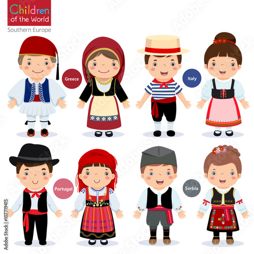 Kids in different traditional costumes (Greece, Italy, Portugal,