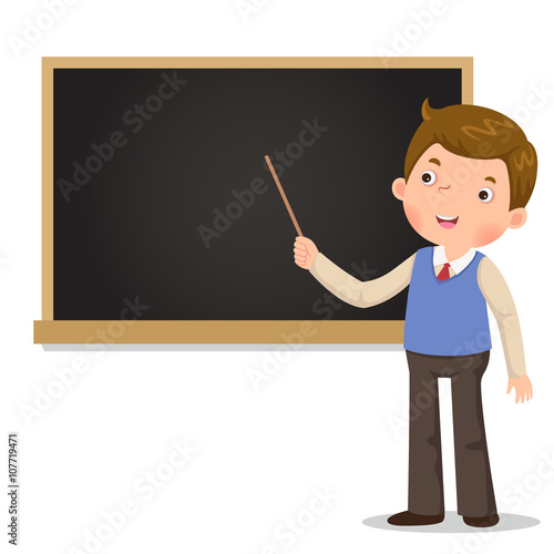 Male teacher standing in front of blackboard with a pointer
