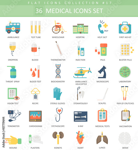 Vector Medical color flat icon set. Elegant style design.