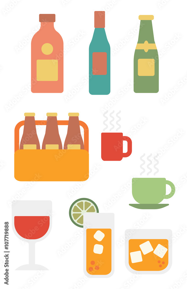 Various glasses and bottles of alcohol and cups of hot beverages. Various glasses and bottles of alcohol and cups of hot beverages.