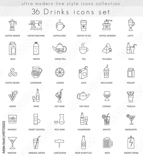 Vector drinks ultra modern outline line icons for web apps. Tea, coffee and alcohol.