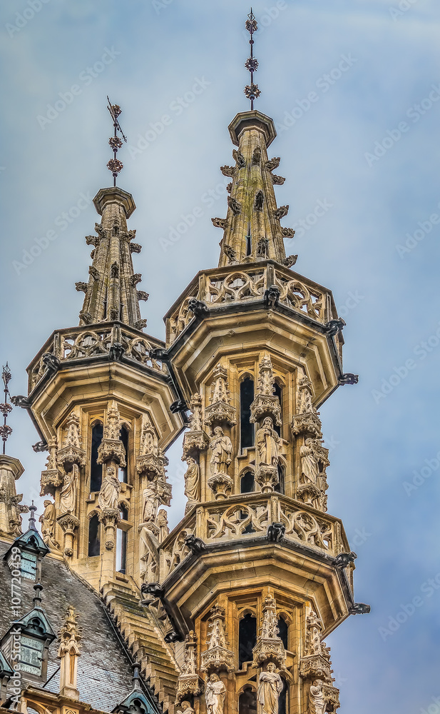 Gothic towers on town hall in Leuven Belgium