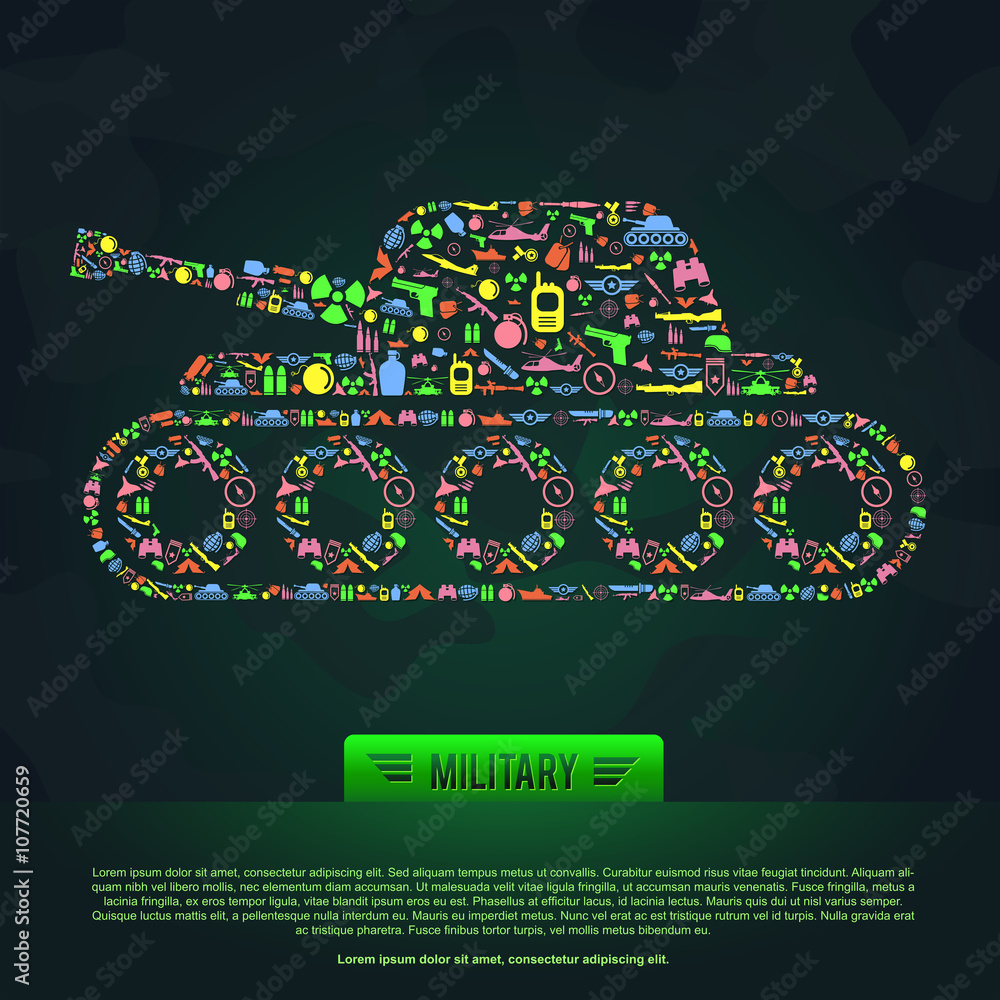 Flat military army and soldier weapon infographic template banner background  icon set in tank shape with sample text, create by vector Stock Vector |  Adobe Stock