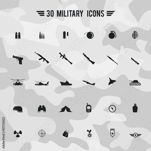 Flat military army and soldier weapon transportation sign and symbol such as gun grenade tank jet and badges silhouette icon collection set with camouflage background, create by vector