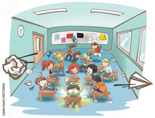 Cartoon illustration of a messy school classroom full of naughty and stubborn students but only one is studying hard like a white sheep in a group of black sheep concept, create by vector 