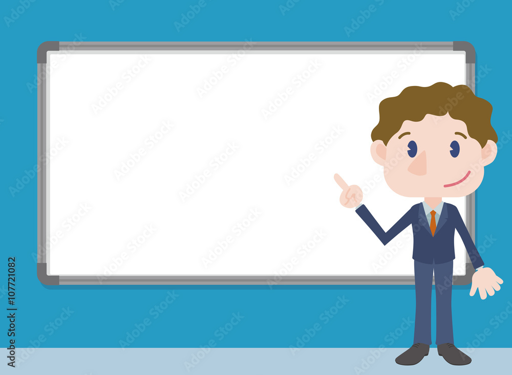 young business person character pointing whiteboard, vector illustration young business person character pointing whiteboard, vector illustration
