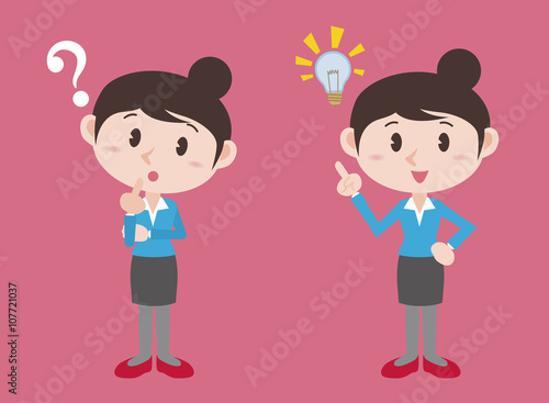 young woman character, posing question and inspiration, vector illustration