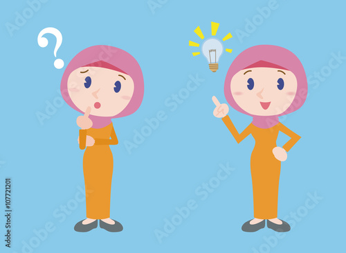 muslim young woman character, posing question and inspiration, vector illustration