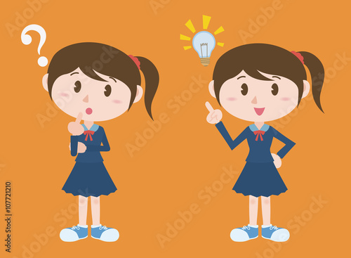 young woman character, posing question and inspiration, vector illustration