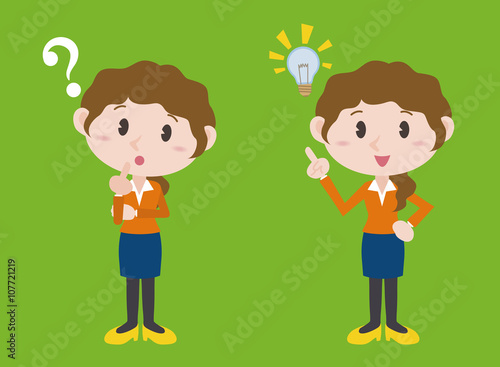 young woman character, posing question and inspiration, vector illustration