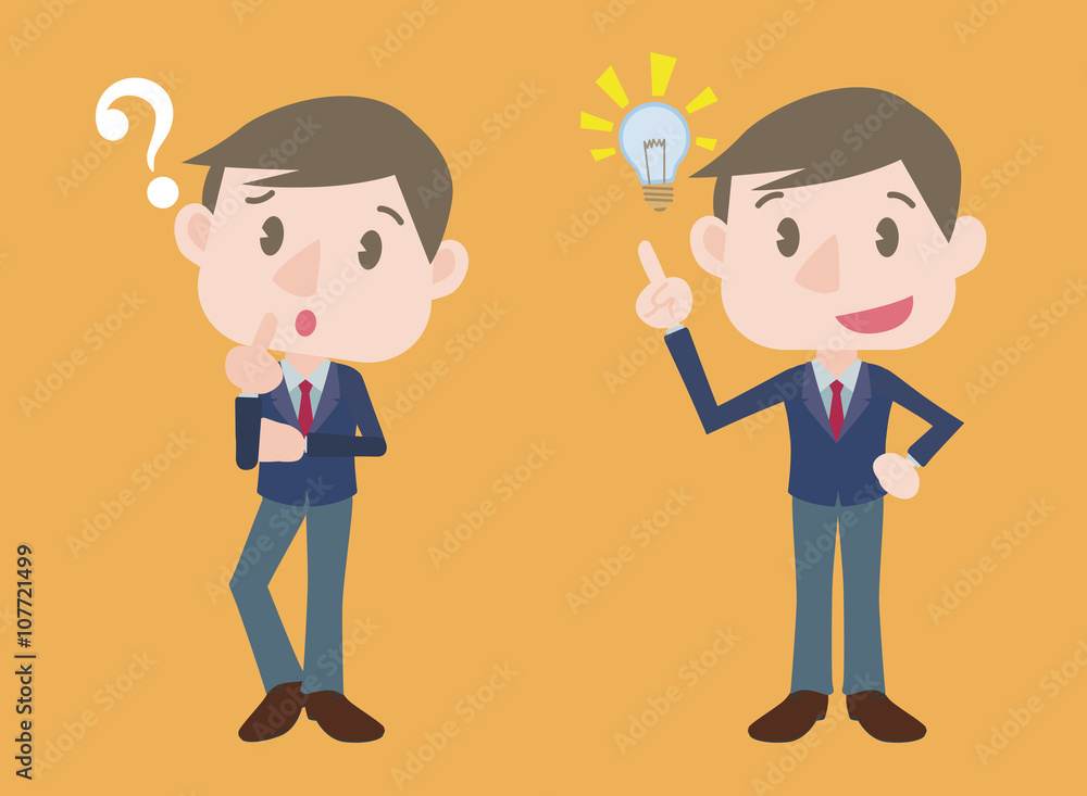young business person character, posing question and inspiration, vector illustration
