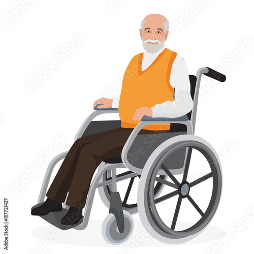 Old man grandfather in wheelchair isolated on white.