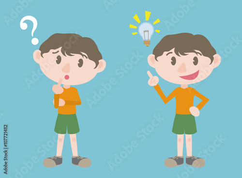 young boy character, posing question and inspiration, vector illustration