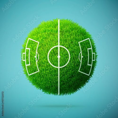 Green grass sphere with soccer field on a blue clear background