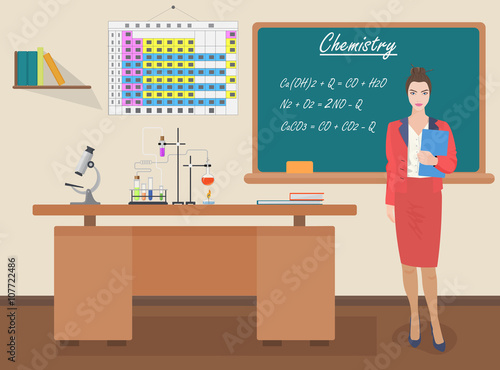 School Chemistry female teacher in audience class concept. Vector illustration.