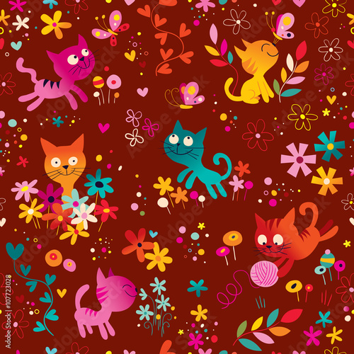 cute kittens, butterflies, flowers seamless pattern