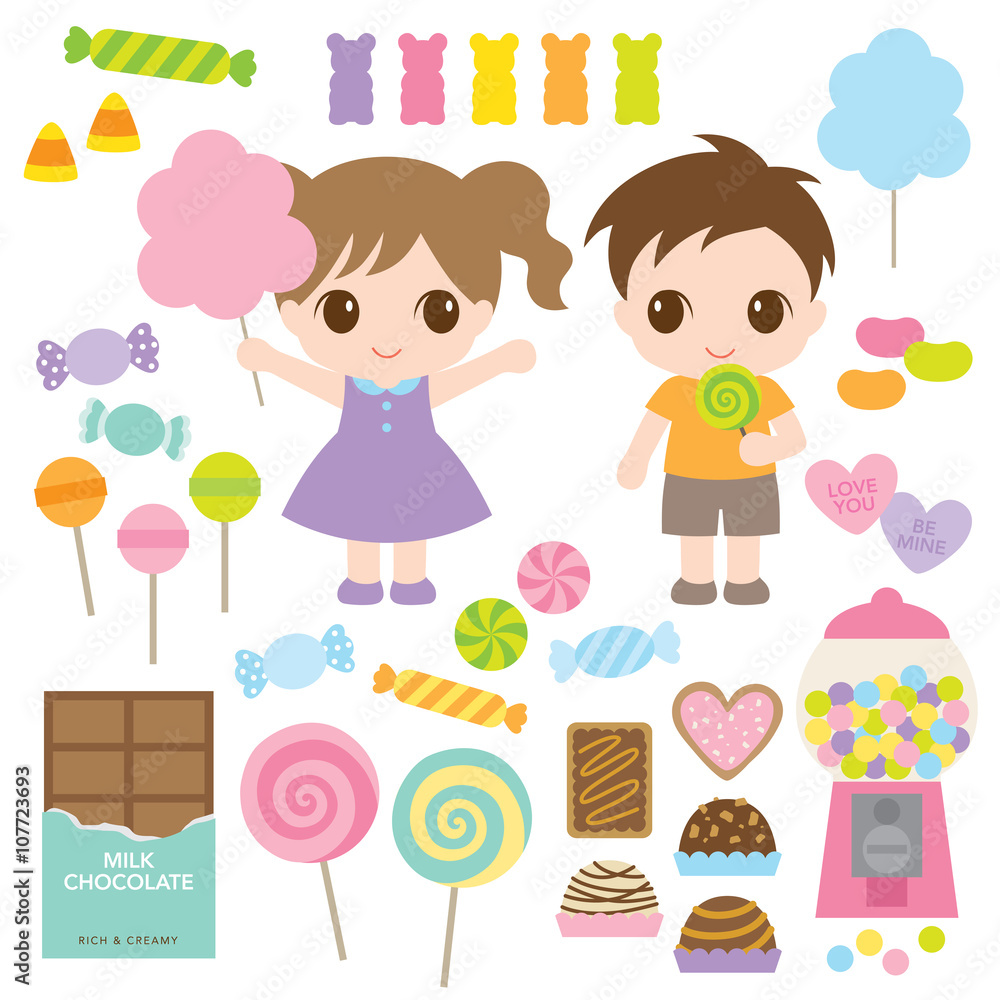 Vector illustration of kids and variety of sweet candies such as lollipops, chocolates, hard candies, gummy bears, cookies, cotton candy. Vector illustration of kids and variety of sweet candies such as lollipops, chocolates, hard candies, gummy bears, cookies, cotton candy.