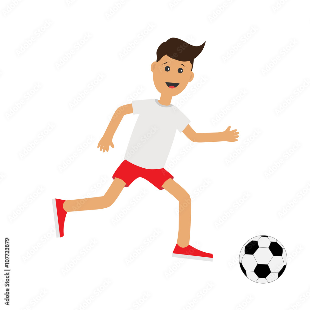 Funny cartoon running guy with soccer ball. Football player. Cute run boy  Jogging man Runner Fitness workout running male character Isolated White  background. Flat design Stock Vector | Adobe Stock