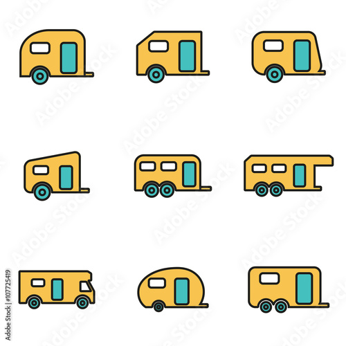 Trendy flat line icon pack for designers and developers. Vector line trailer icon set, trailer icon object, trailer icon picture, trailer image - stock vector