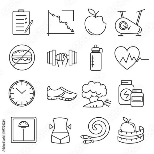 Healthy lifestyle and diet of modern linear icons. 