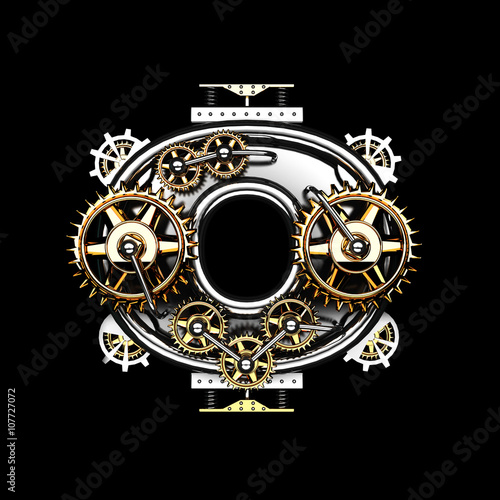 0 isolated metal letter with gears on black