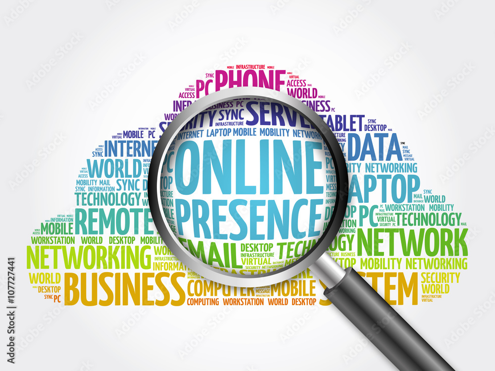 Online Presence word cloud with magnifying glass, business concept Online Presence word cloud with magnifying glass, business concept