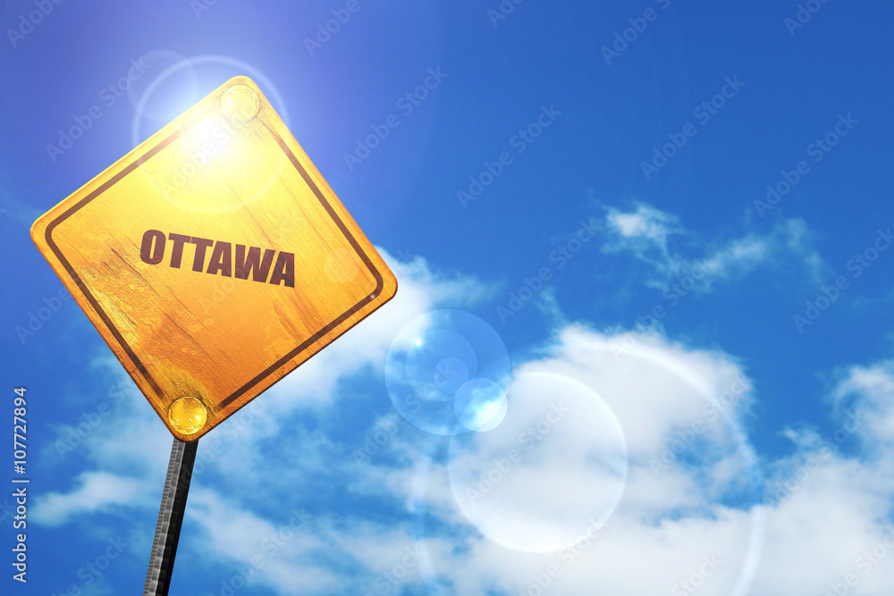 Naklejka premium Yellow road sign with a blue sky and white clouds: ottawa