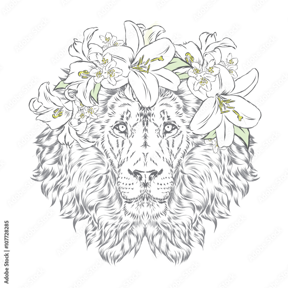 Lion in a wreath of flowers. Vector illustration. Print for clothes, posters or postcards.