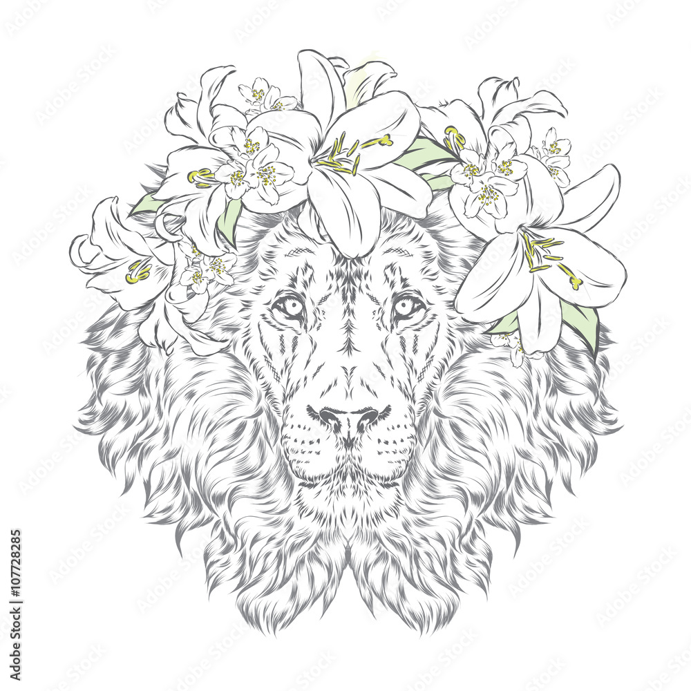 Naklejka premium Lion in a wreath of flowers. Vector illustration. Print for clothes, posters or postcards.