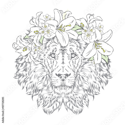 Lion in a wreath of flowers. Vector illustration. Print for clothes  posters or postcards.