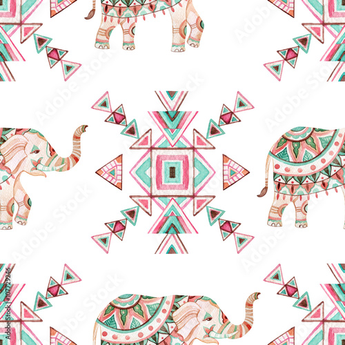 Indian elephant watercolor seamless pattern