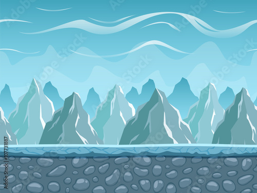 Seamless cartoon landscape with mountains. Vector unending background with separated layers ready for game and animation. Vector illustration.
