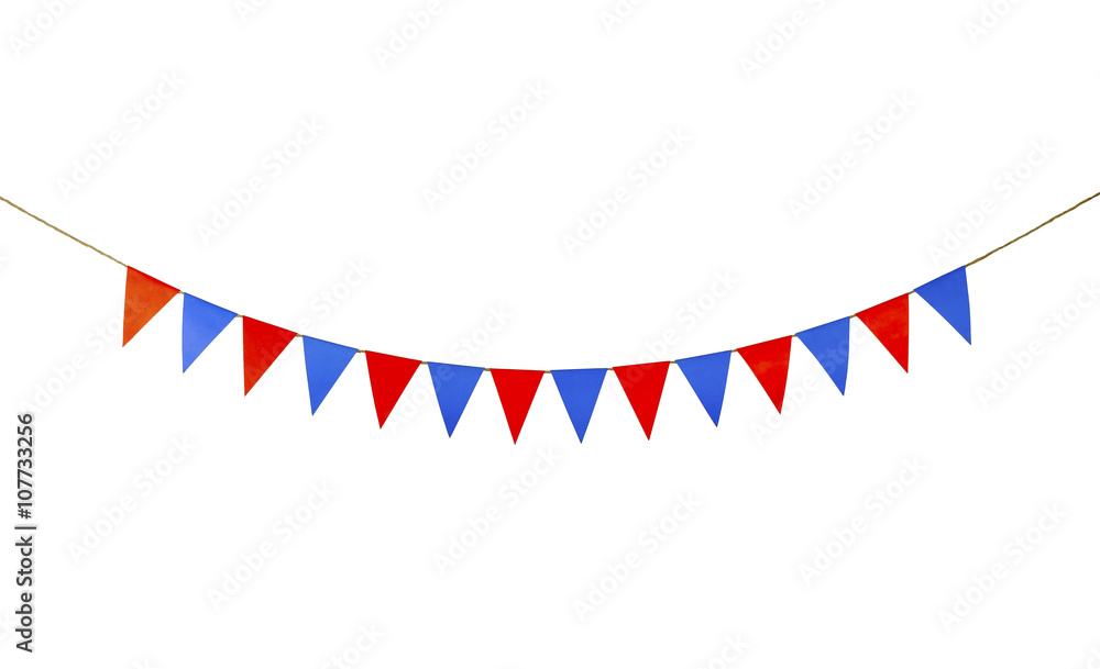 Triangle papers hanging on the rope.On the white background. Triangle papers hanging on the rope.On the white background.