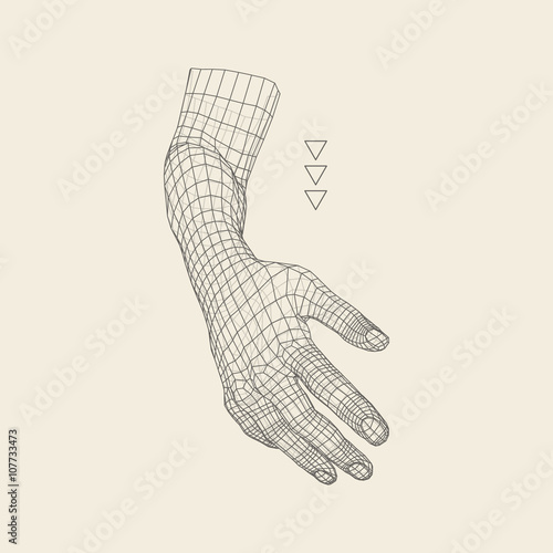 Human Arm. Human Hand Model. Hand Scanning. View of Human Hand. 3D Geometric Design. 3d Covering Skin. Polygonal Design. Can be used for science, technology, medicine, hi-tech, sci-fi.