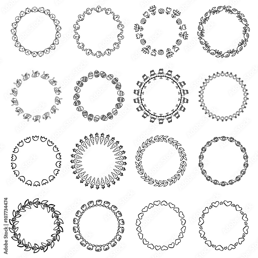 Round black and white border frame with doodle flowers Round black and white border frame with doodle flowers