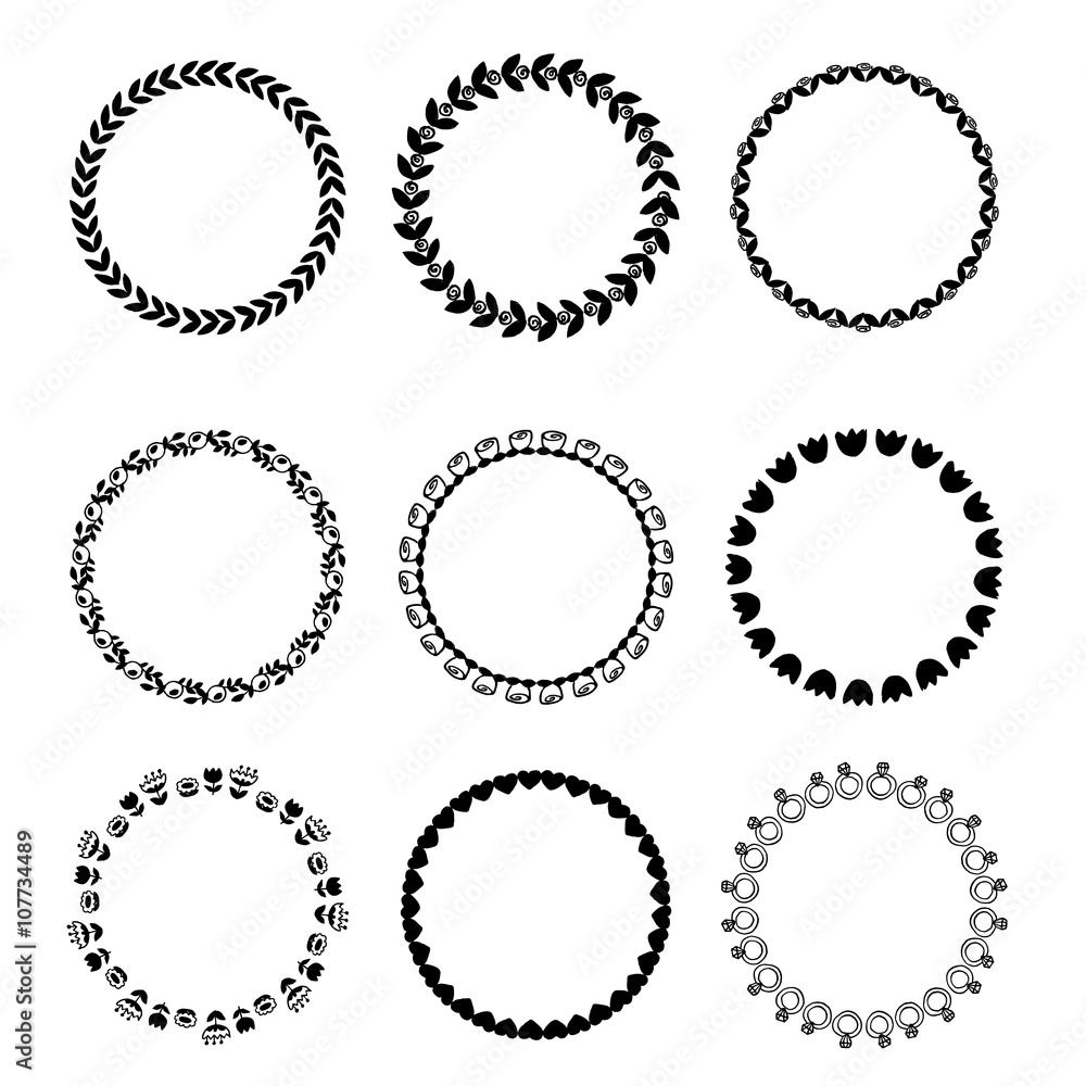 Round black and white border frame with doodle flowers Round black and white border frame with doodle flowers