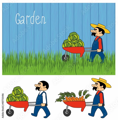 Vector illustration of a gardener in a wheelbarrow carries harvest. Isolated against a fence and grass. Cartoon gardeners work. Set cartoon character farmers with a crop of vegetables