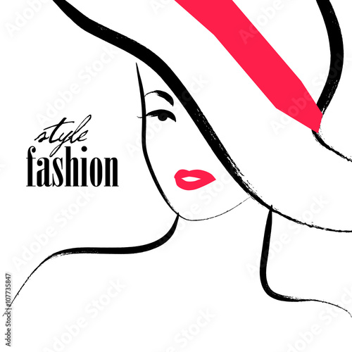 Hand drawn fashion lady portrait isolated on white background.