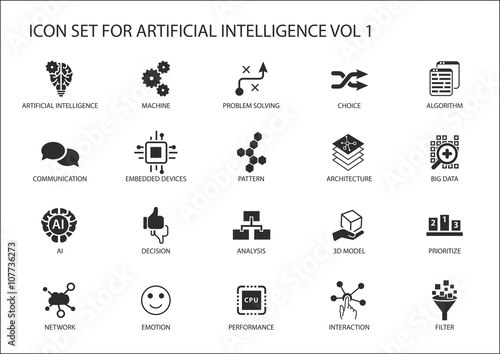 Vector icon set for artificial intelligence (AI) concept. Various symbols for the topic using flat design