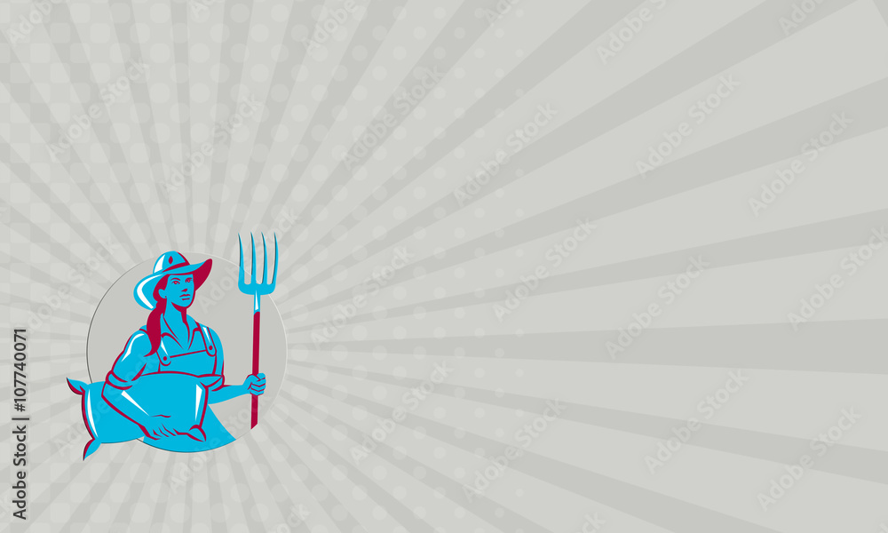 Obraz premium Business card Female Organic Farmer Sack Pitchfork Circle Retro