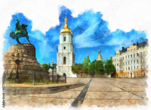 Saint Sophia Cathedral and monument to Bogdan Khmelnitsky in Kiev. Digital imitation of watercolor painting