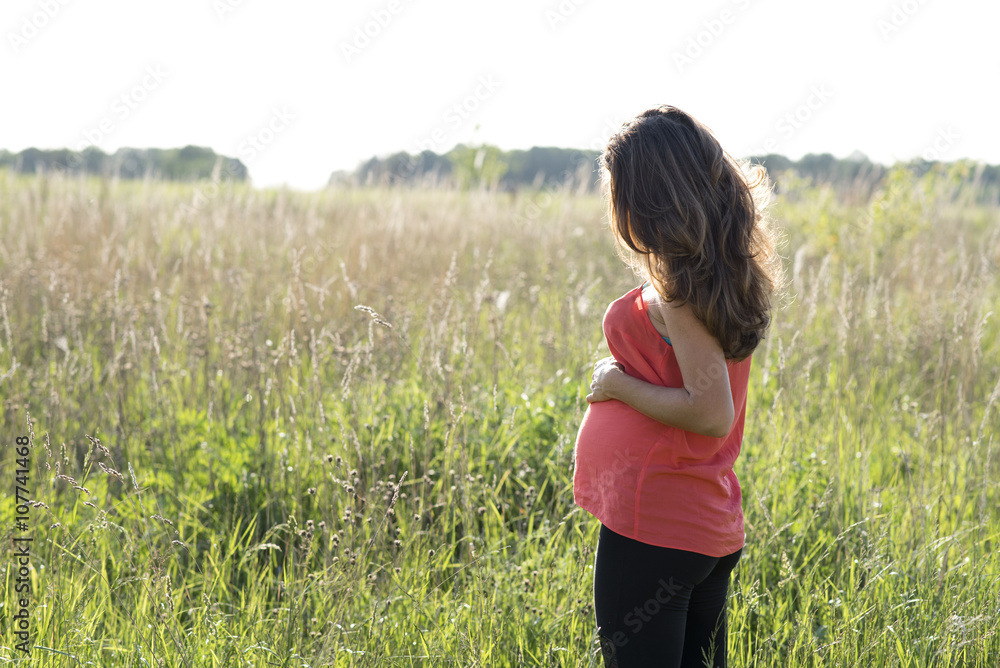 Young beautiful pregnant woman holding tummy, red a light dress, on the summer meadow Young beautiful pregnant woman holding tummy, red a light dress, on the summer meadow
