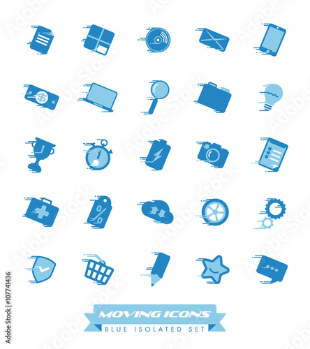 Fast Moving Icons Collection. Set of blue icons with speed streaks