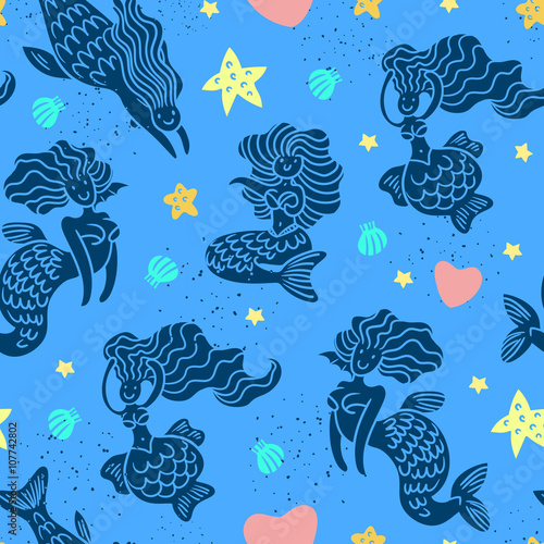 Mermaids in playful mood with seashells, hearts and stars seamless pattern 