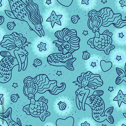 Mermaids in playful mood with seashells, hearts and stars seamless pattern in blue dimentions