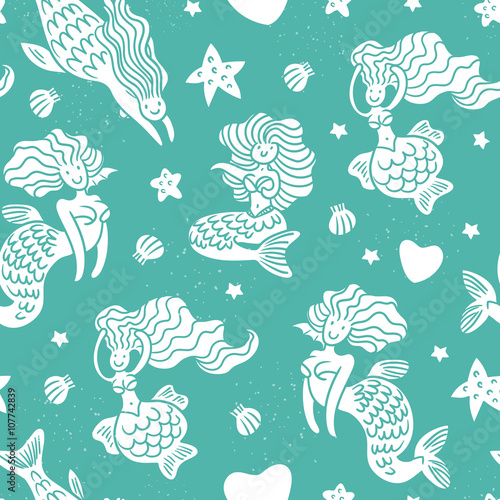 Mermaids in playful mood with seashells, hearts and stars seamless pattern 