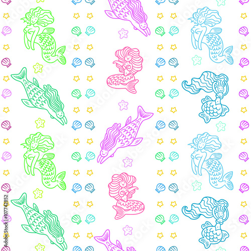 Mermaids in playful mood with seashells, hearts and stars seamless pattern 
